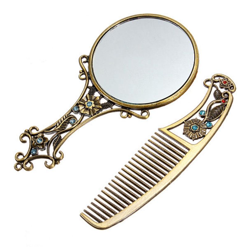 Vintage Antikk Mini Kobber Makeup Sminkespeil Med Kamsett