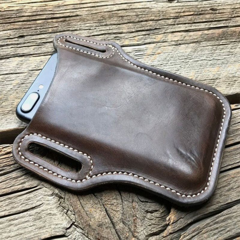Ekphero Menn Ekte Skinn 7.2 Tommer Edc Retro Kort Mobiltelefonveske Belteveske