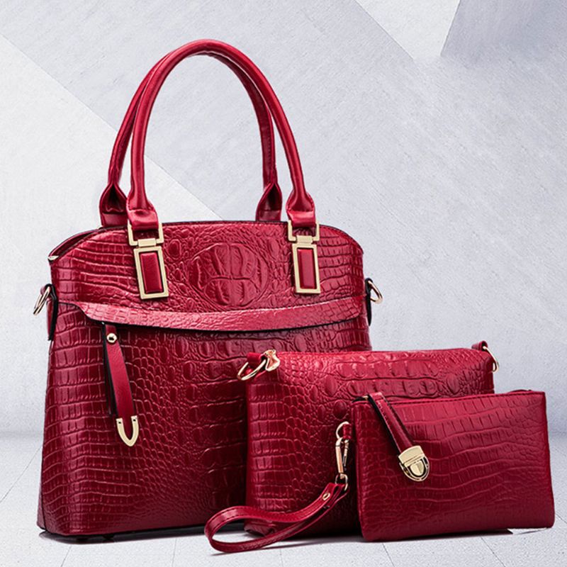 Elegant Dametilbehørsett 3 Stk Crocodile Stria Preget Pu-lær Skulderveske Og Veske Og Strapped Clutch