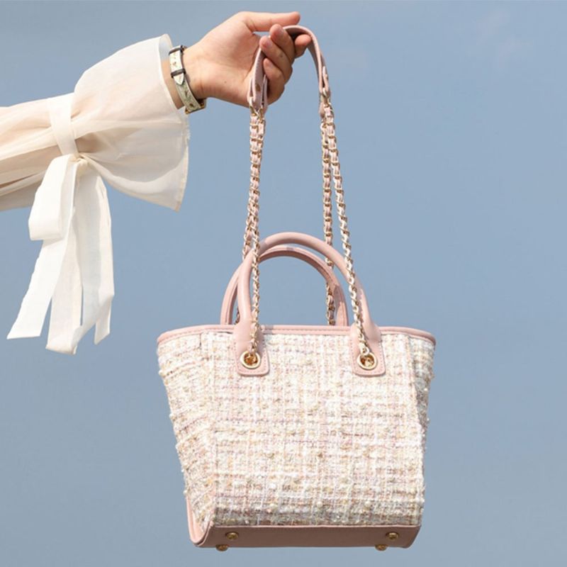 Elegant Jenteveske Med Perledekor Vevd Dameveske Med Metallskulderstropp Ull Crossbody-veske For Kvinner