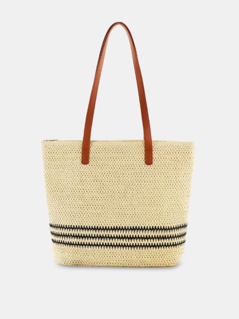 Kvinner Halm Søt Casual Beach Handbag Stor Kapasitet Med Mobiltelefon Lomme Mote Bag