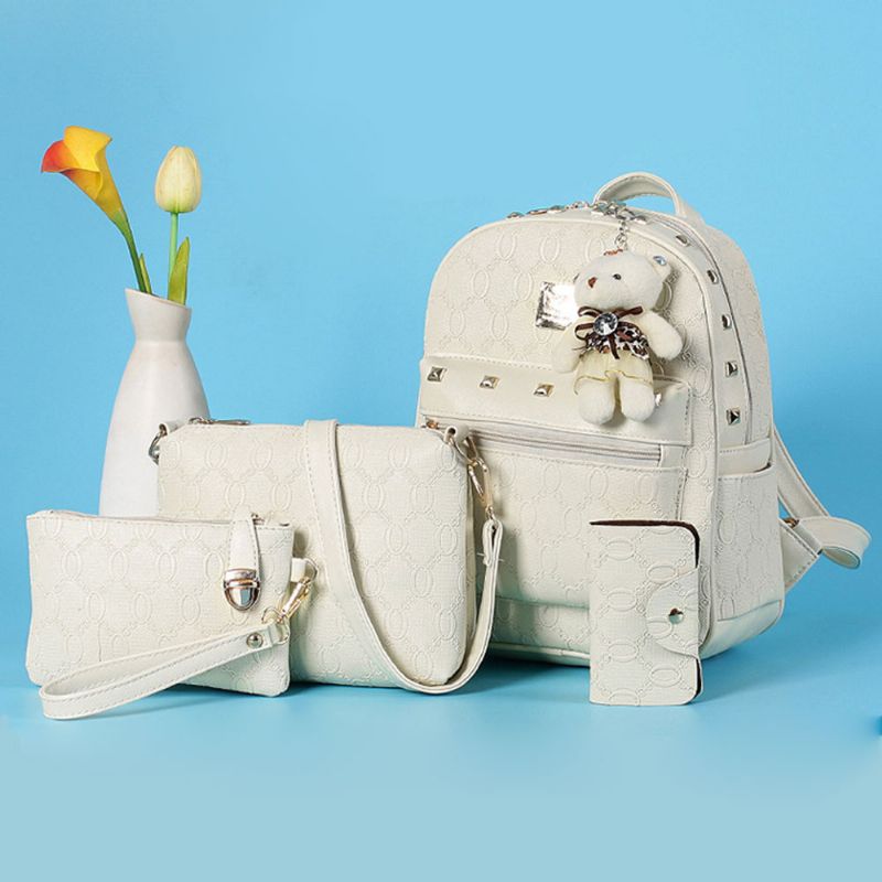 Litchi Stria Ryggsekk & Cross Body Veske & Strapped Clutch & Card Bag Preget Pu-skinn Dobbel Skulderpakke Sett 4 Stk.
