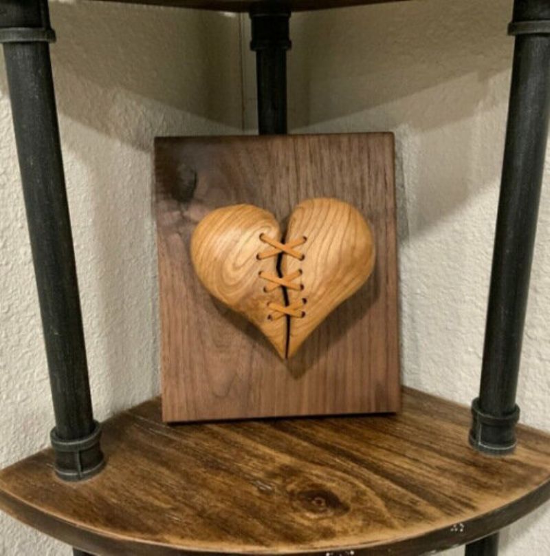 1 Pc Tre Knust Hjerte Skulptur Bilder Skinnsydd Treskulptur Kunst Veggdekor Hjemmepynt